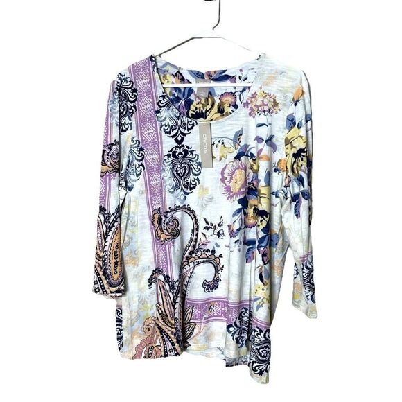 New Chico's Size 2 L Floral Paisley Pattern Knit Top T Tee Shirt 3/4 Sleeve $70 - Picture 1 of 10